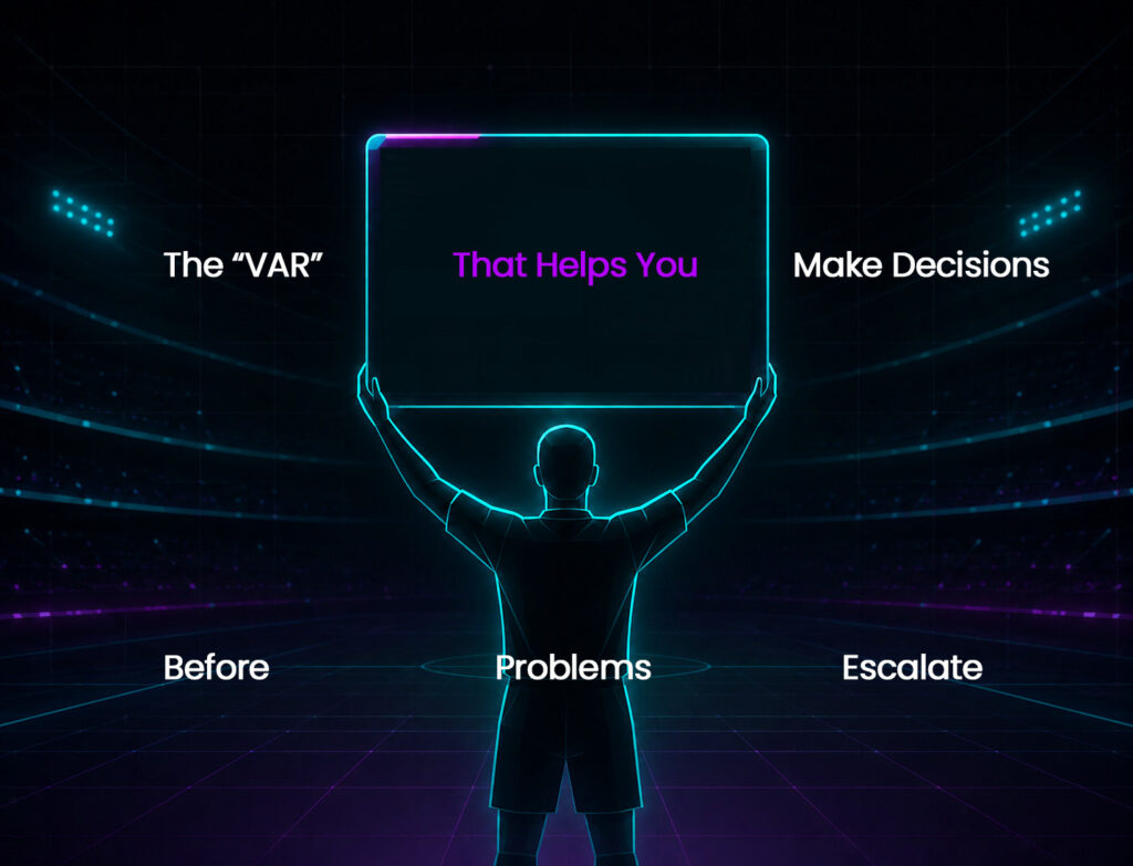 Business Dashboards concept showing a futuristic referee holding a digital screen, symbolizing real-time insights that help teams make decisions before problems escalate.