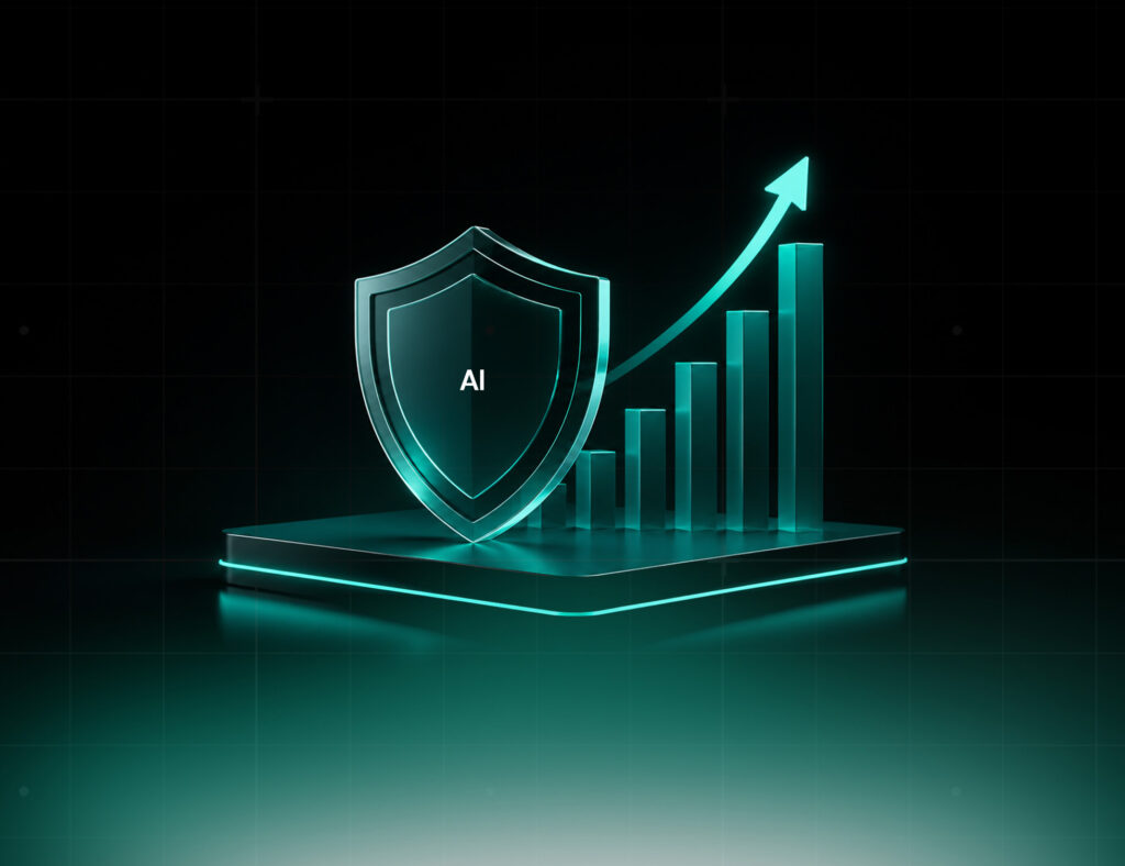 AI in Production concept showing a glowing AI shield beside rising analytics bars and an upward arrow, representing governance, observability, ownership, and scalable production growth.