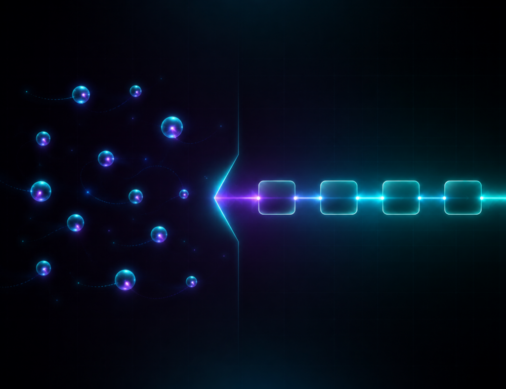 Illustration showing AI agents transforming multiple scattered inputs into a structured, streamlined workflow. On the left, glowing interconnected nodes represent autonomous AI agents processing information. On the right, the data converges into a linear sequence of connected steps, symbolizing organized automation and efficient execution on a dark futuristic background.