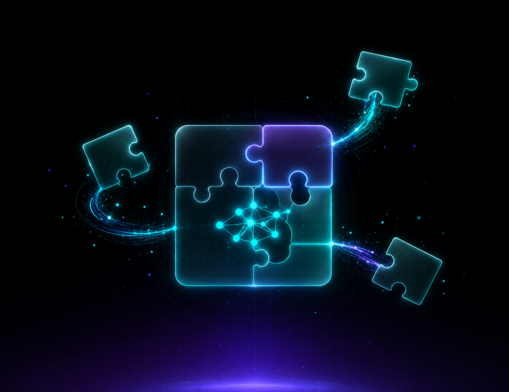 Business Process Automation concept illustration showing AI-powered puzzle pieces connecting to streamline workflows and automate business operations.