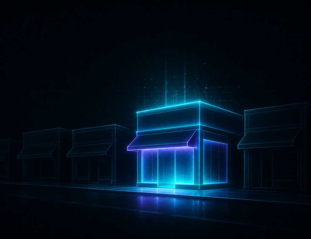 AI Business Transformation visualized as a glowing digital storefront, highlighting how artificial intelligence is reshaping and modernizing mid-sized companies.