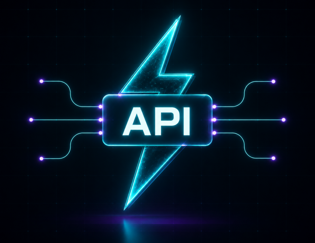 AI API integration concept illustration featuring a glowing API interface connected through multiple digital endpoints with an electric lightning bolt at the center, symbolizing high-speed connectivity, automation, and seamless AI-powered system integration on a dark futuristic background.