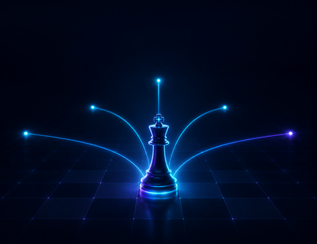 AI strategy for business leaders illustrated with a glowing king chess piece at the center of a digital board, connected by illuminated blue and purple lines that symbolize strategic decision-making, AI adoption, leadership, innovation, and business transformation.