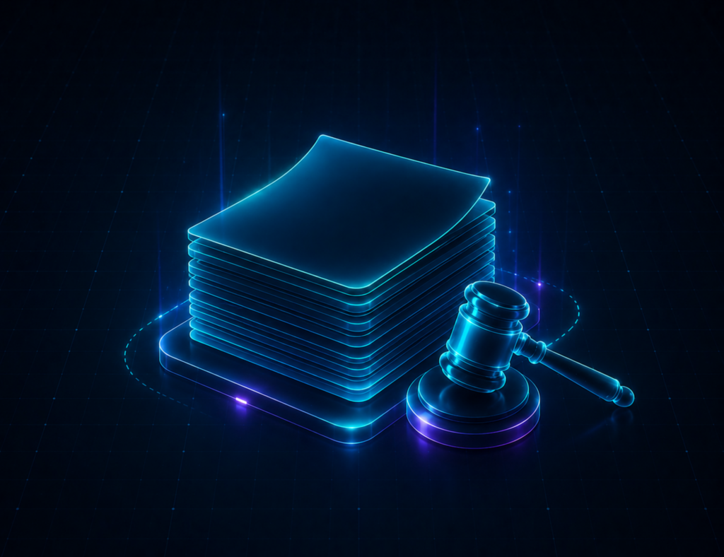 Digital illustration representing AI Readiness — a glowing blue stack of documents beside a judge's gavel, symbolizing AI governance and regulatory compliance.