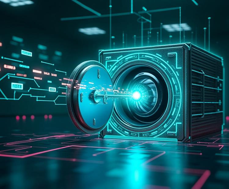 A futuristic scene depicting a digital battlefield, where cyber threats, symbolized as advanced AI-powered malware and evolving phishing attacks, attempt to breach a high-tech vault. The vault, representing sensitive data and financial assets, is protected by an intelligent digital lock and an AI-powered security shield that dynamically adapts to new threats in real time. The lock and shield emit a protective glow, blocking intrusion attempts with advanced algorithms. Around the vault, glowing data streams 